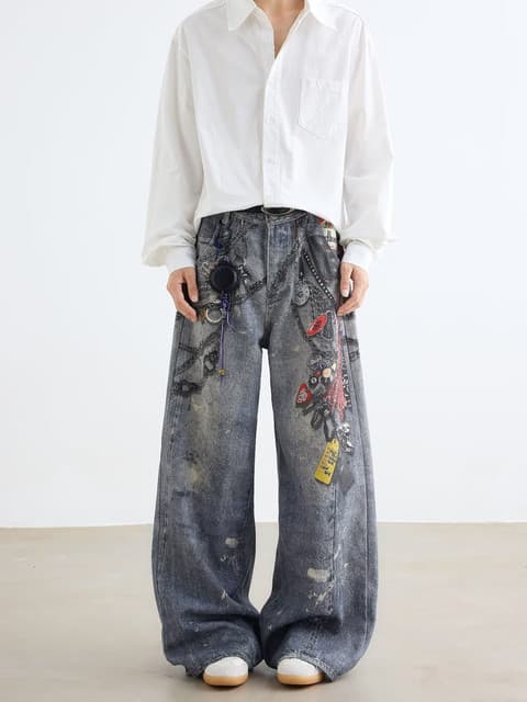 American retro 3D printed chain jeans for men and women