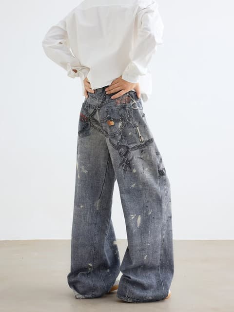 American retro 3D printed chain jeans for men and women